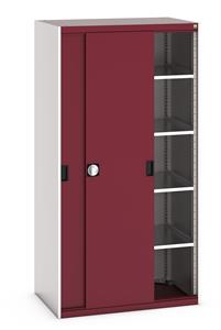 40021141.** Bott cubio cupboard with lockable sliding doors 2000mm high x 1050mm wide x 650mm deep and supplied with 4 x 100kg capacity shelves.   Ideal for areas with limited space where standard outward opening doors would not be suitable. ...